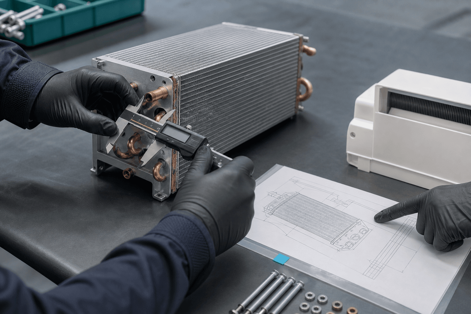 Illustrative product validation: an unbranded heat exchanger measured against a technical drawing