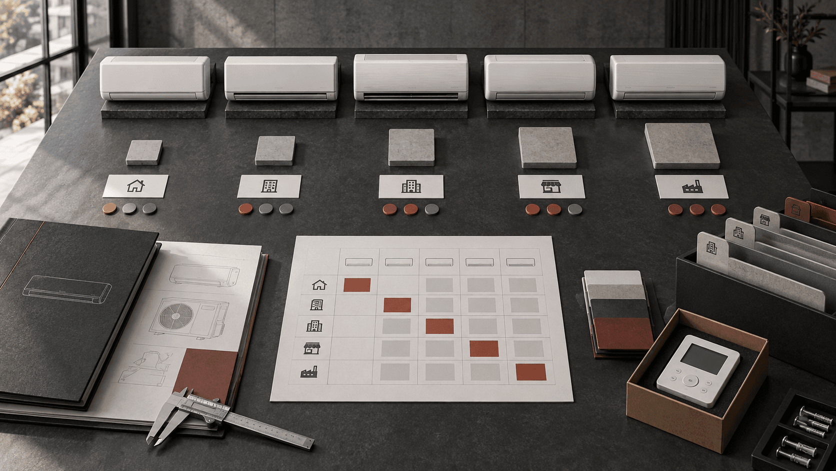 Five unbranded HVAC candidates arranged against a controlled assortment decision matrix