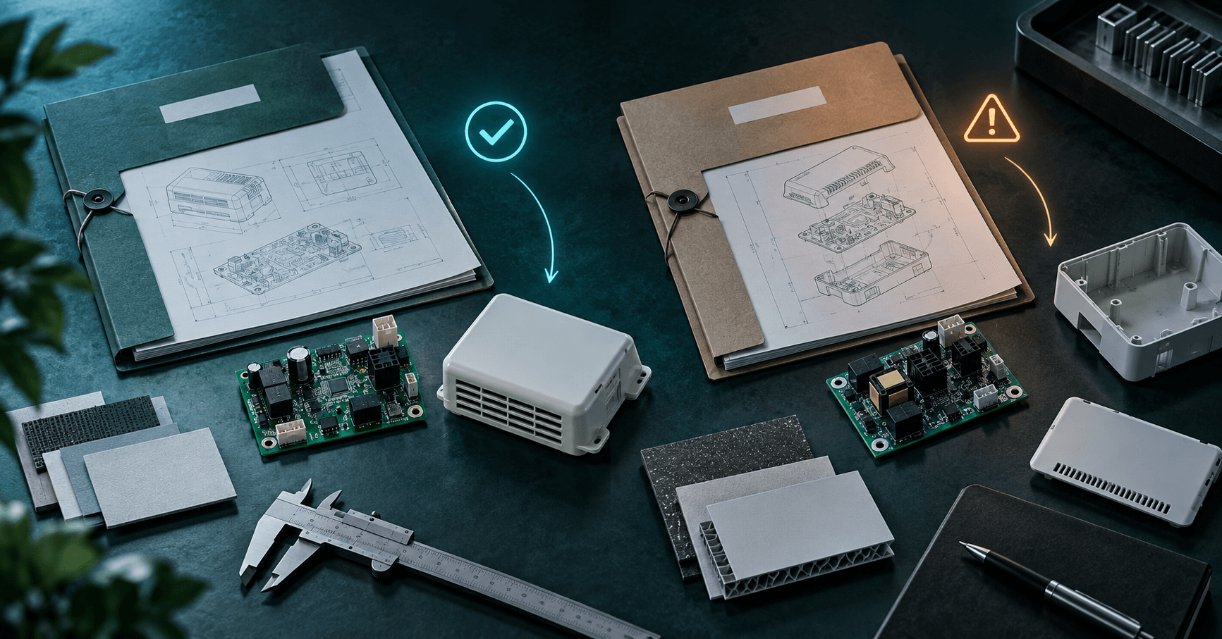 Two controlled HVAC product-development routes shown through drawings, components, material samples and revision folders