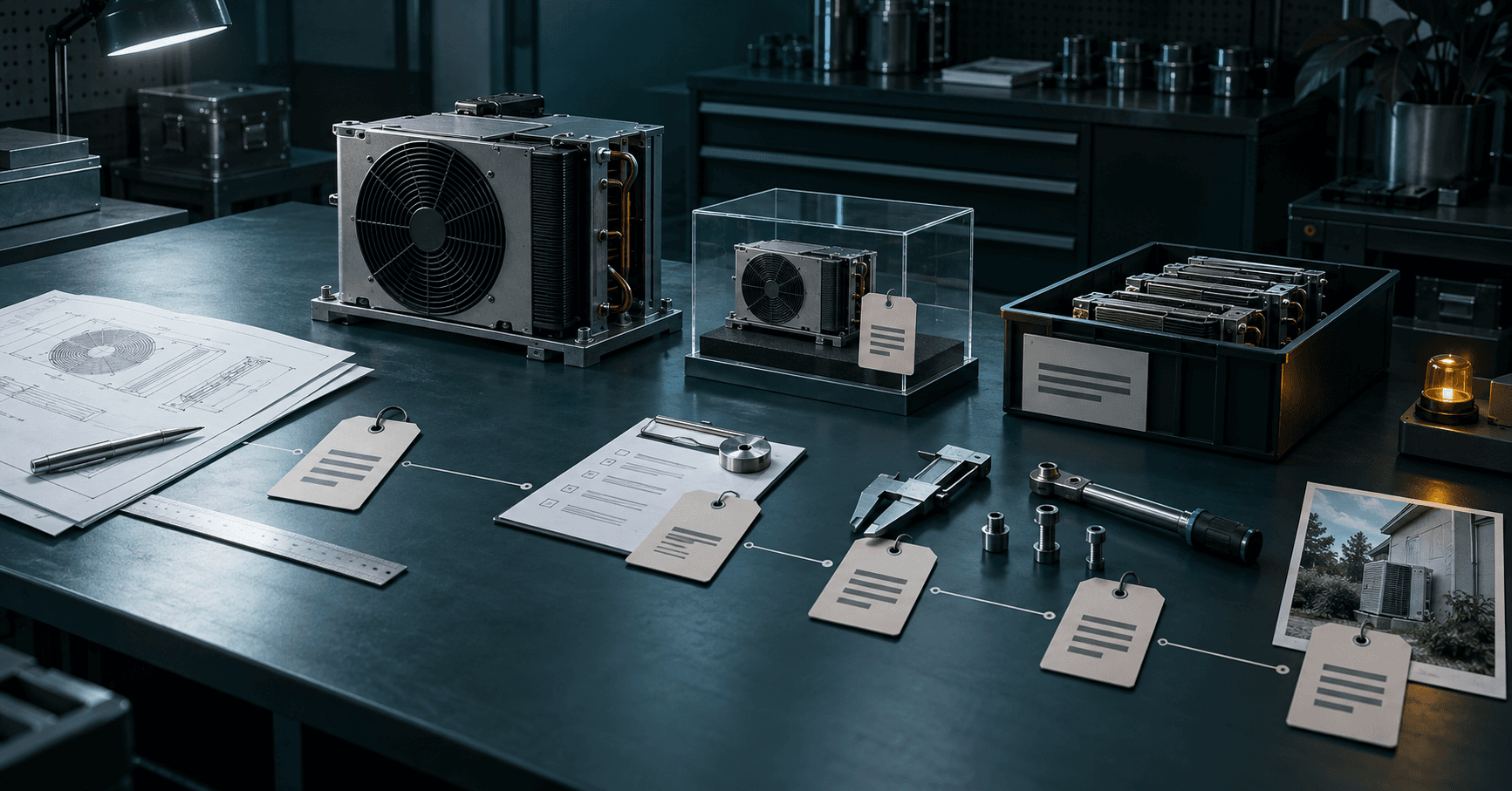 HVAC quality evidence chain with approved reference, inspection records, precision tools and controlled product stages