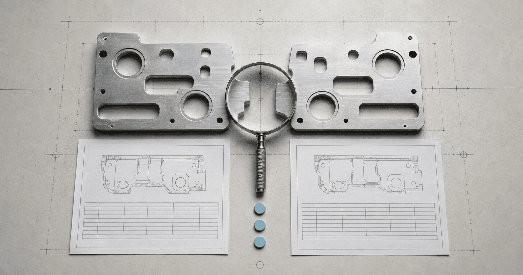 Two similar component records compared with technical drawings and a magnifier